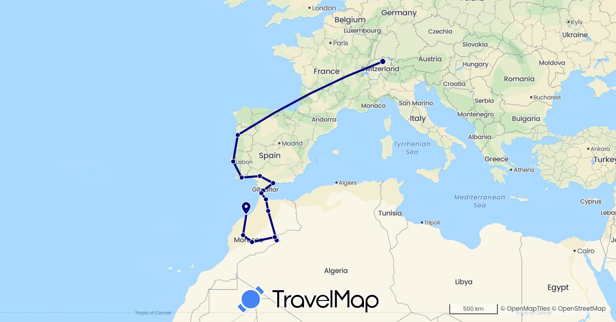 TravelMap itinerary: driving in Switzerland, Spain, Morocco, Portugal (Africa, Europe)