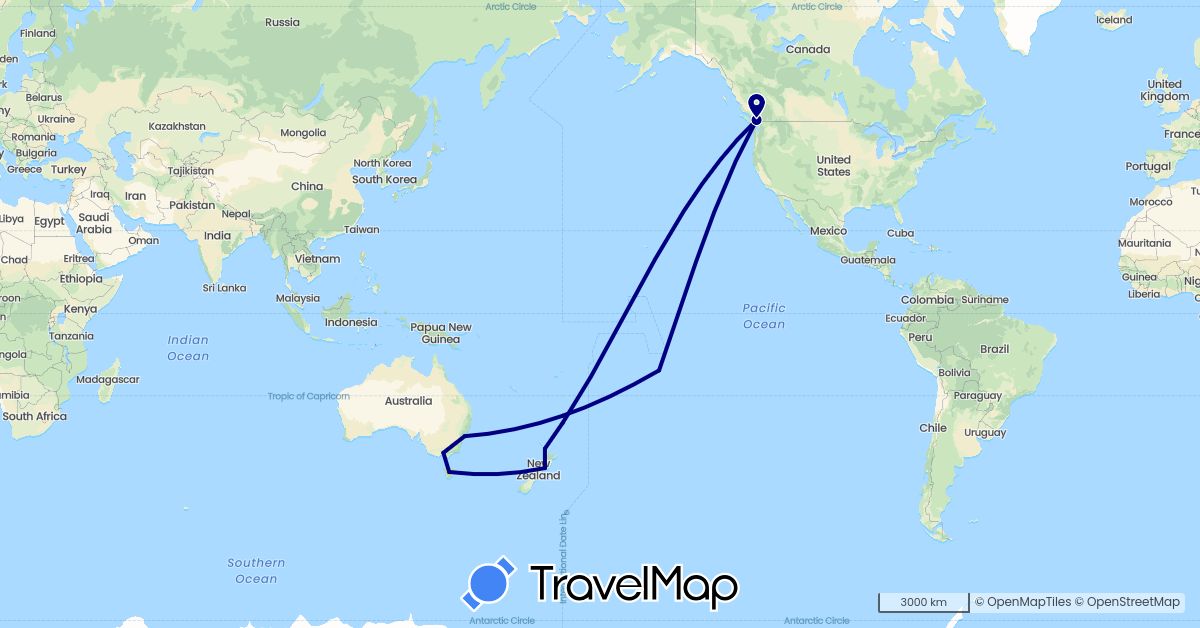 TravelMap itinerary: driving in Australia, Canada, France, New Zealand (Europe, North America, Oceania)